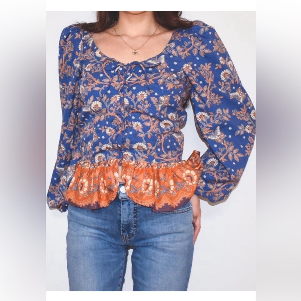 House of Harlow 1960 Floral Lace Up Peplum Top Blue Orange Puff Sleeve Medium